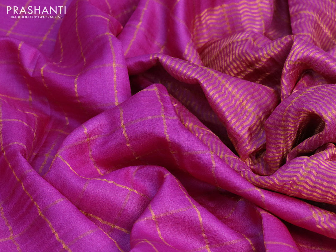 Pure tussar silk saree pink and green with allover zari checks and zari woven border