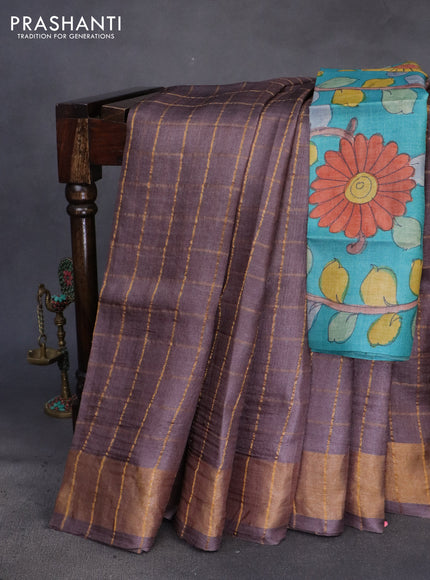 Pure tussar silk saree brown shade and teal blue with allover zari checks and zari woven border