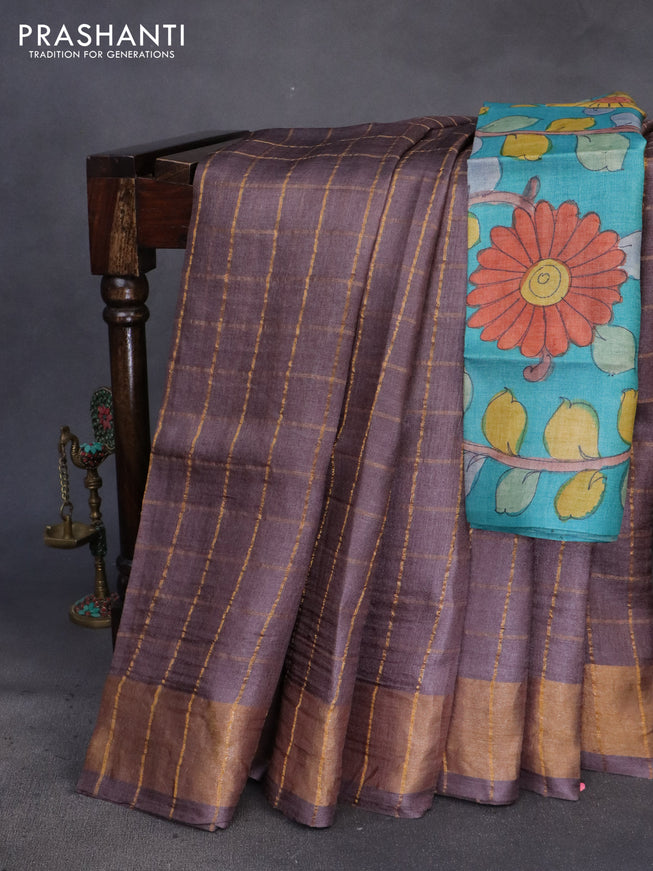 Pure tussar silk saree brown shade and teal blue with allover zari checks and zari woven border