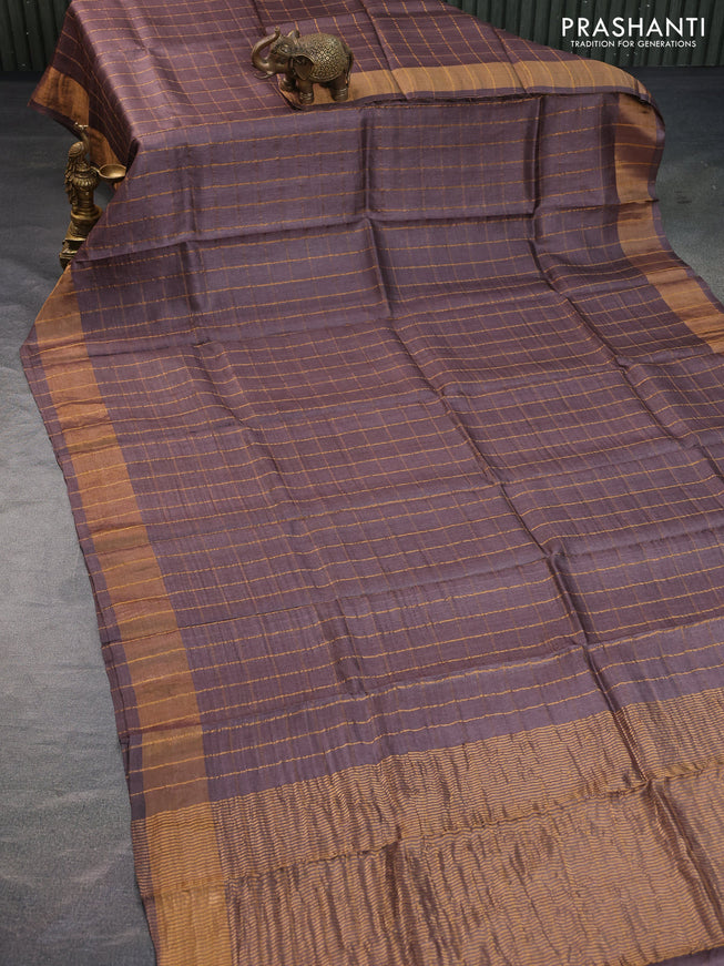 Pure tussar silk saree brown shade and teal blue with allover zari checks and zari woven border