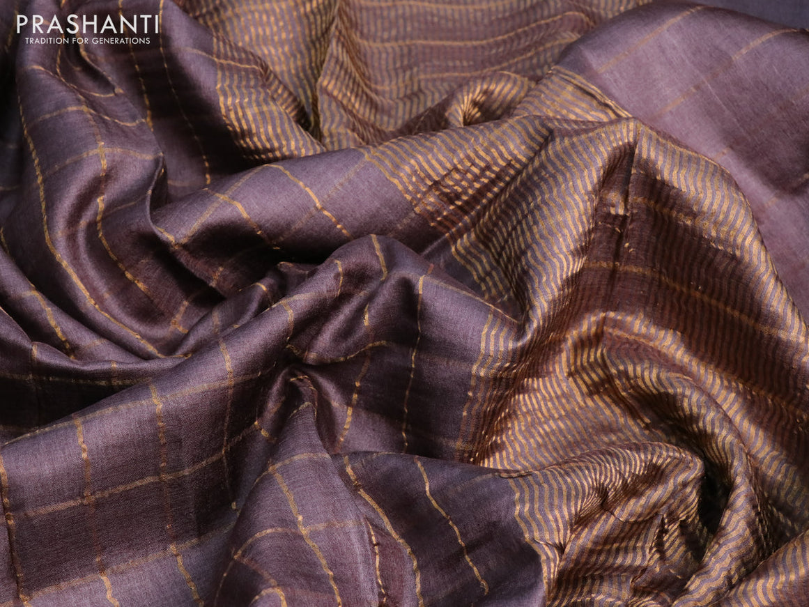 Pure tussar silk saree brown shade and teal blue with allover zari checks and zari woven border