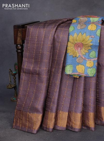 Pure tussar silk saree pastel wine shade and blue with allover zari checks and zari woven border