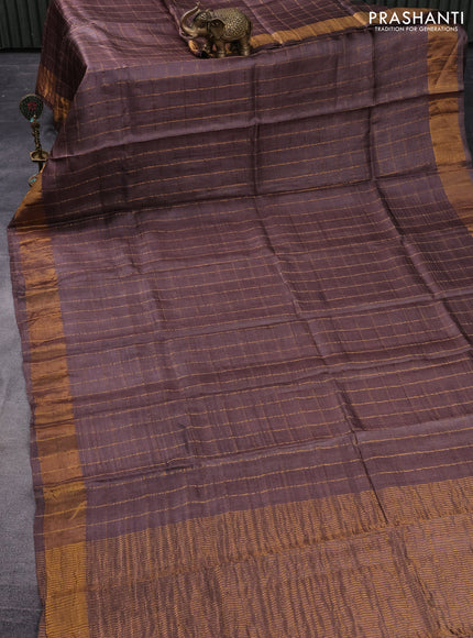 Pure tussar silk saree pastel wine shade and blue with allover zari checks and zari woven border