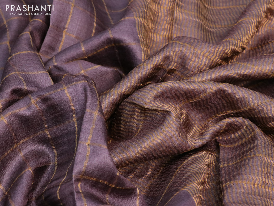 Pure tussar silk saree pastel wine shade and blue with allover zari checks and zari woven border