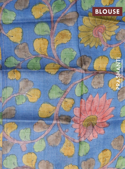 Pure tussar silk saree pastel wine shade and blue with allover zari checks and zari woven border