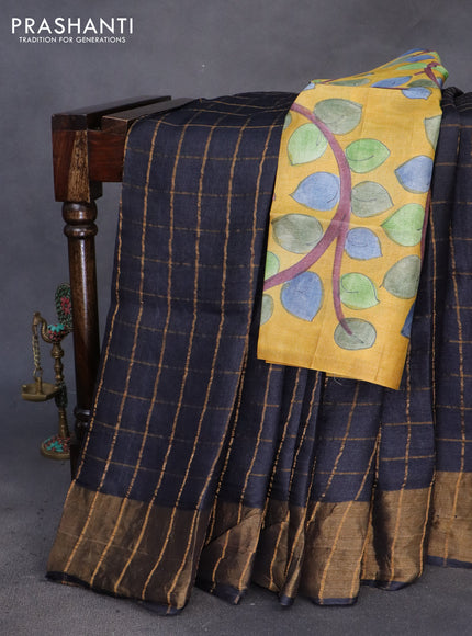 Pure tussar silk saree black and yellow with allover zari checks and zari woven border