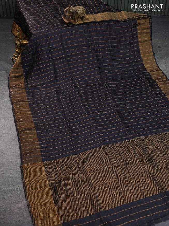 Pure tussar silk saree black and yellow with allover zari checks and zari woven border