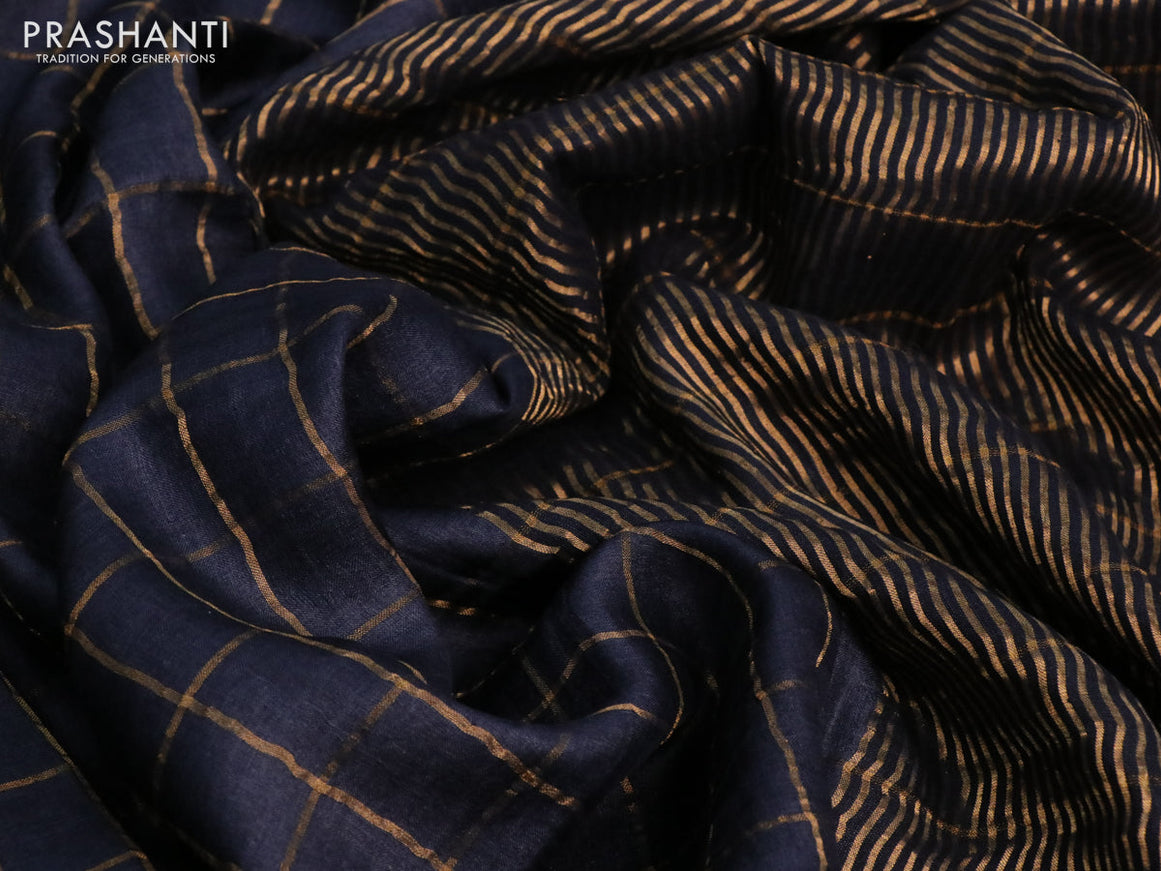 Pure tussar silk saree black and yellow with allover zari checks and zari woven border