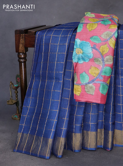 Pure tussar silk saree peacock blue and pink with allover zari checks and zari woven border