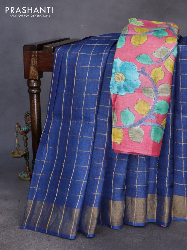 Pure tussar silk saree peacock blue and pink with allover zari checks and zari woven border