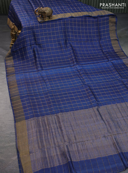 Pure tussar silk saree peacock blue and pink with allover zari checks and zari woven border