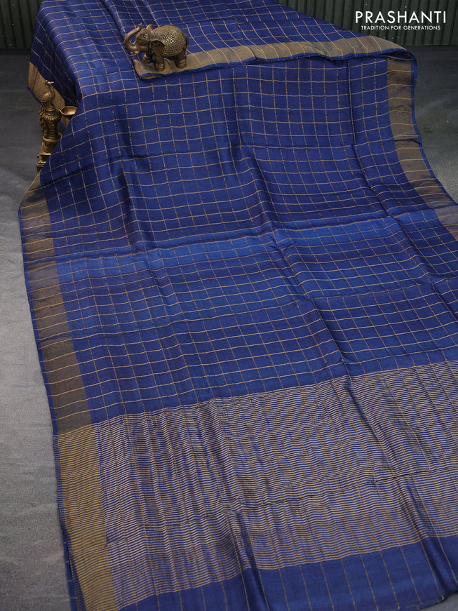 Pure tussar silk saree peacock blue and pink with allover zari checks and zari woven border