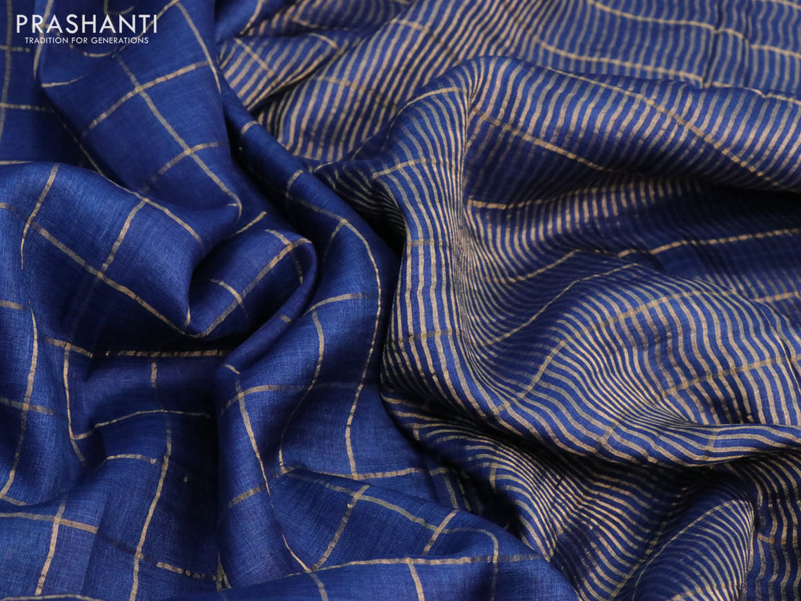 Pure tussar silk saree peacock blue and pink with allover zari checks and zari woven border