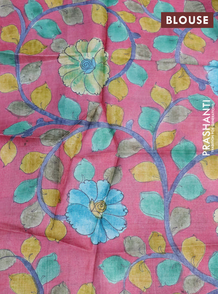 Pure tussar silk saree peacock blue and pink with allover zari checks and zari woven border