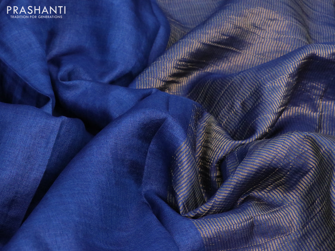 Pure tussar silk saree blue and maroon shade with plain body and small zari woven border