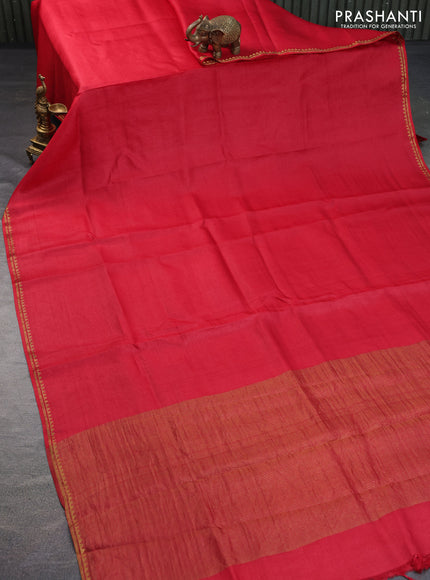 Pure tussar silk saree red and blue with plain body and small zari woven border