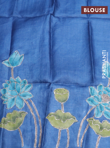 Pure tussar silk saree red and blue with plain body and small zari woven border