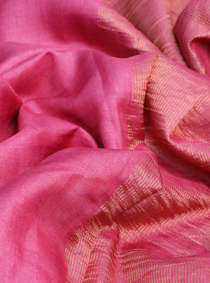 Pure tussar silk saree pink shade and blue with plain body and small zari woven border