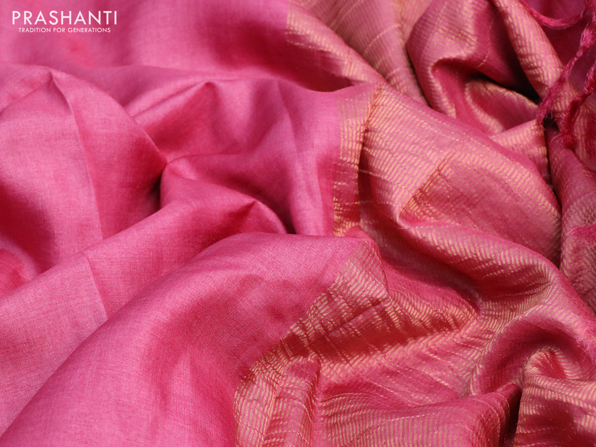 Pure tussar silk saree pink shade and blue with plain body and small zari woven border