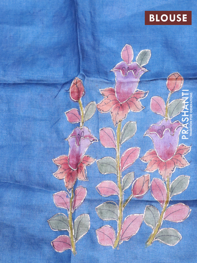 Pure tussar silk saree pink shade and blue with plain body and small zari woven border