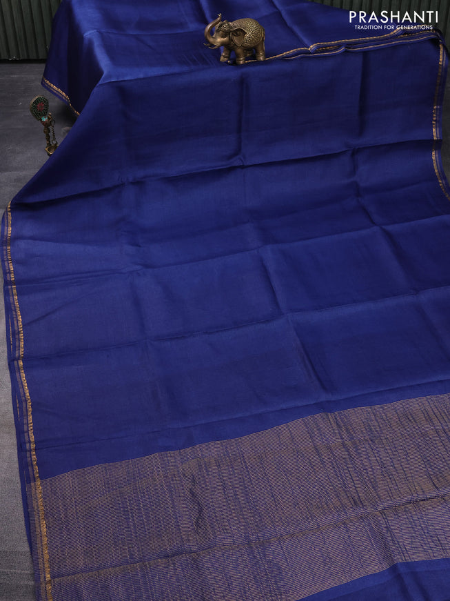 Pure tussar silk saree blue and orange with plain body and small zari woven border