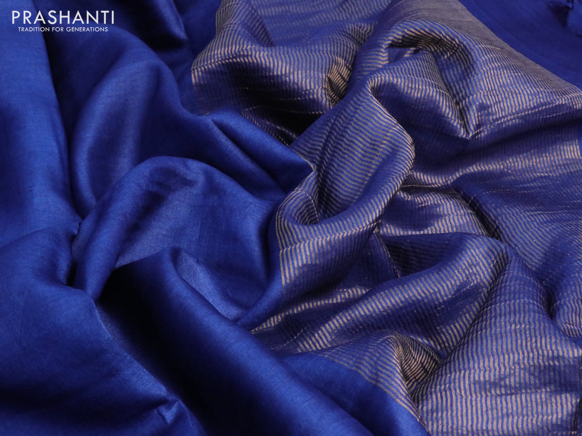 Pure tussar silk saree blue and orange with plain body and small zari woven border