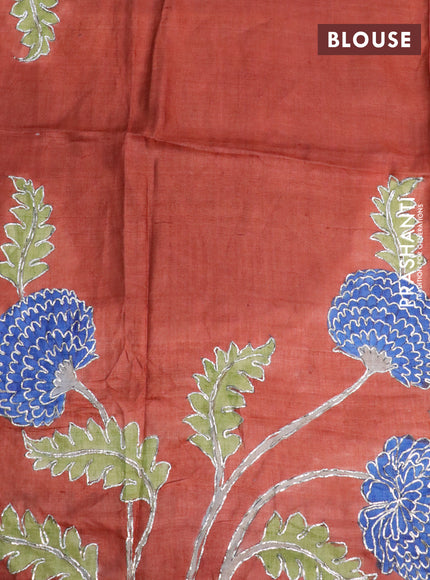 Pure tussar silk saree blue and orange with plain body and small zari woven border