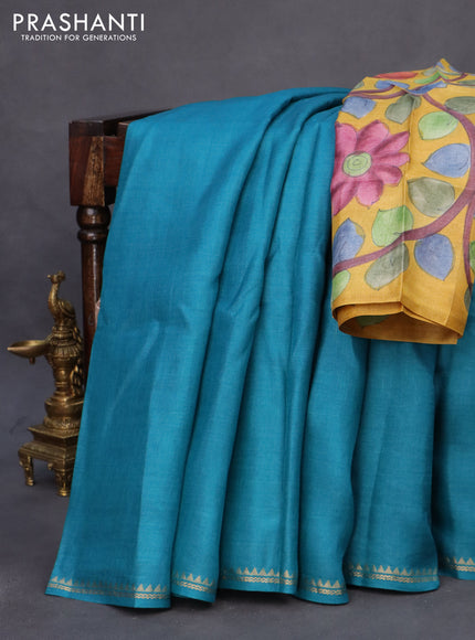 Pure tussar silk saree teal blue and maroon with plain body and small zari woven border