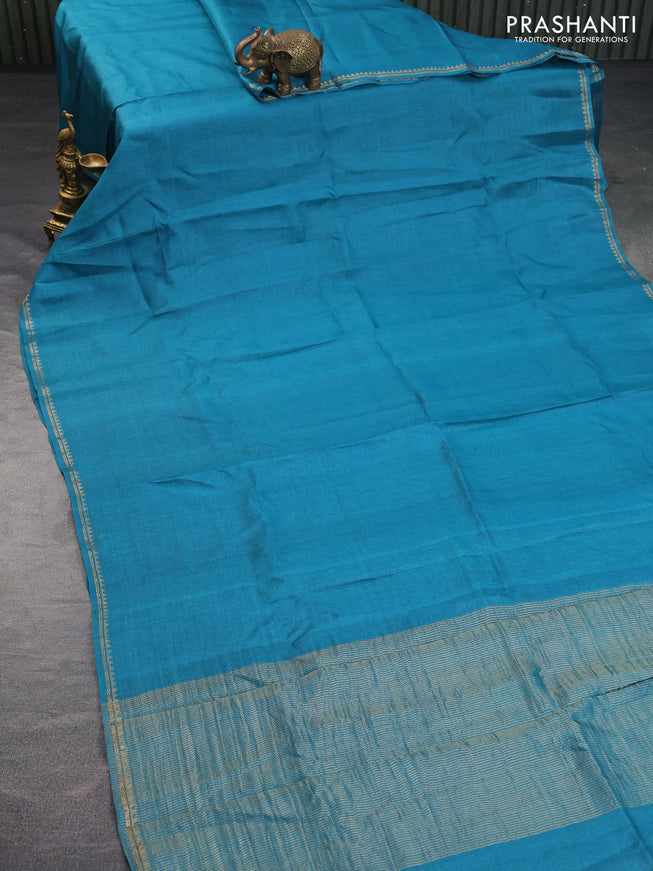 Pure tussar silk saree teal blue and maroon with plain body and small zari woven border