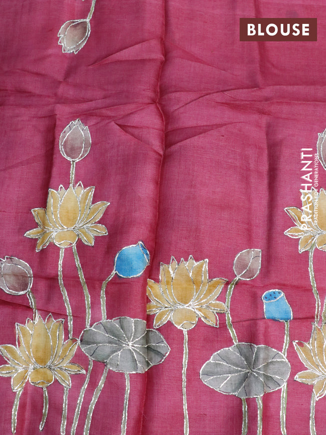 Pure tussar silk saree teal blue and maroon with plain body and small zari woven border