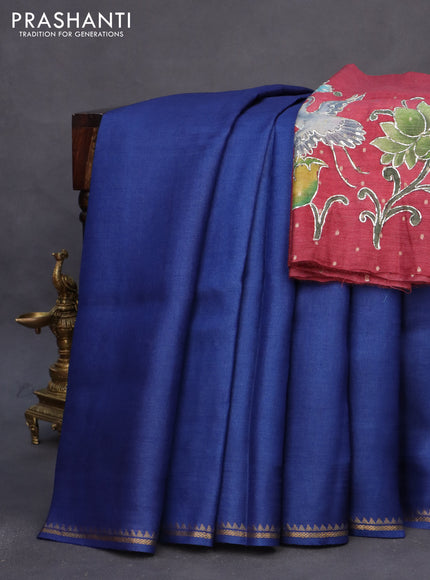 Pure tussar silk saree blue and maroon with plain body and small zari woven border