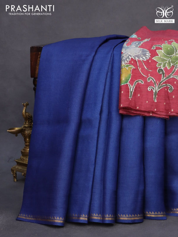 Pure tussar silk saree blue and maroon with plain body and small zari woven border