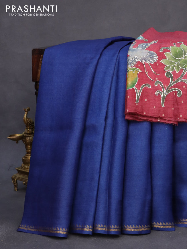 Pure tussar silk saree blue and maroon with plain body and small zari woven border