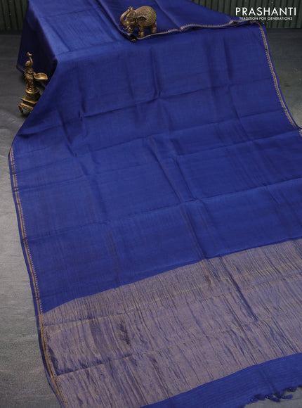 Pure tussar silk saree blue and maroon with plain body and small zari woven border