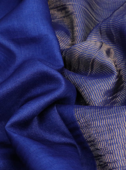 Pure tussar silk saree blue and maroon with plain body and small zari woven border