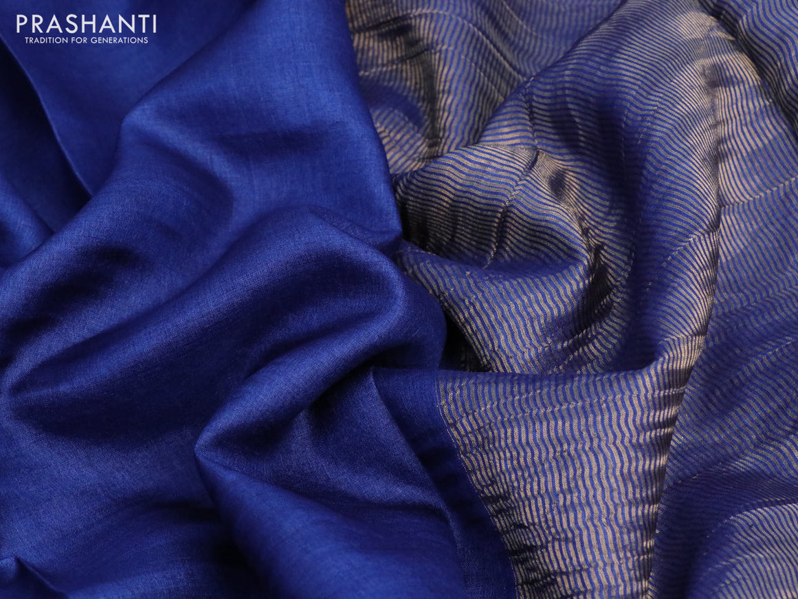 Pure tussar silk saree blue and maroon with plain body and small zari woven border