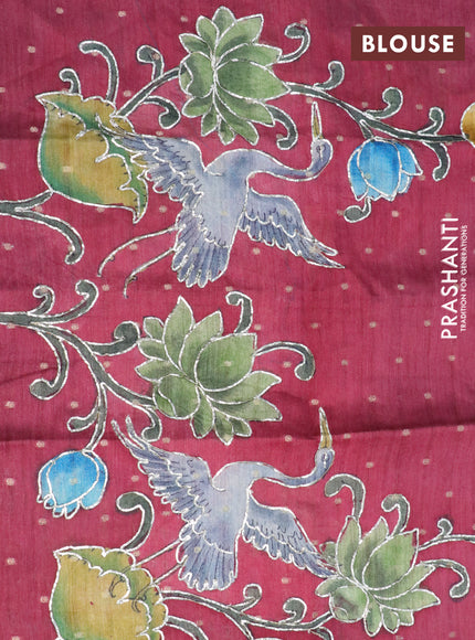 Pure tussar silk saree blue and maroon with plain body and small zari woven border