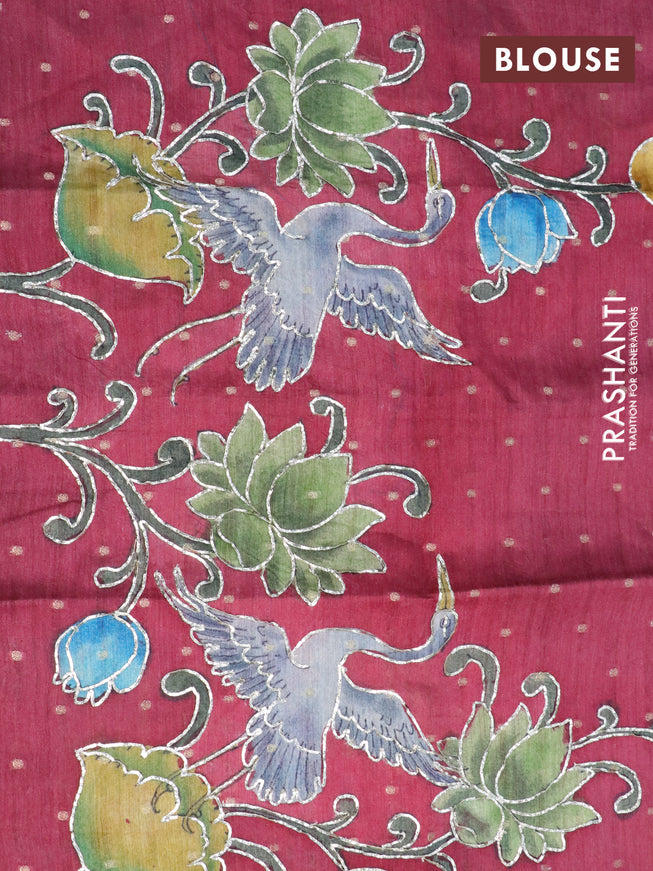 Pure tussar silk saree blue and maroon with plain body and small zari woven border