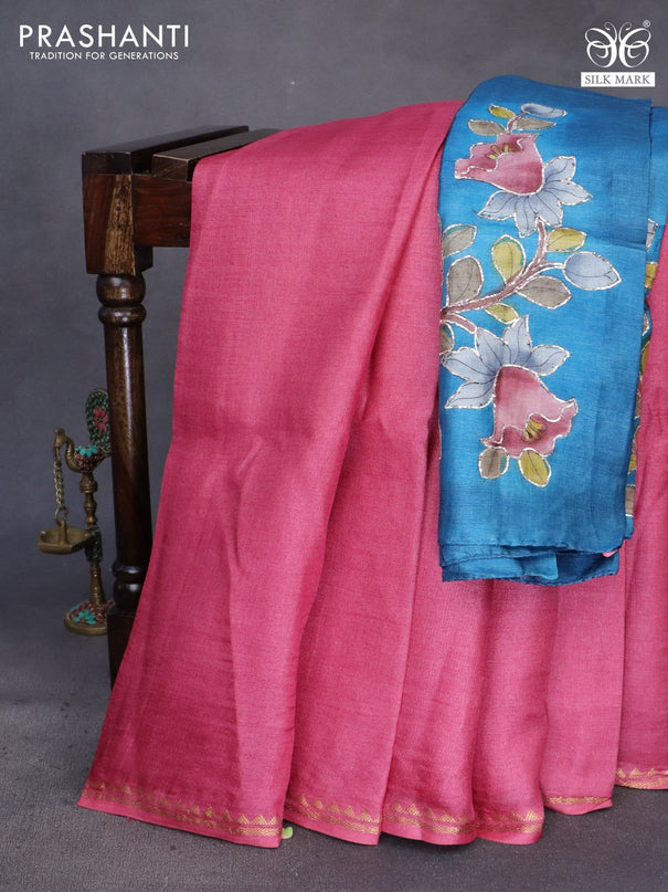 Pure tussar silk saree pink and cs blue with plain body and small zari woven border