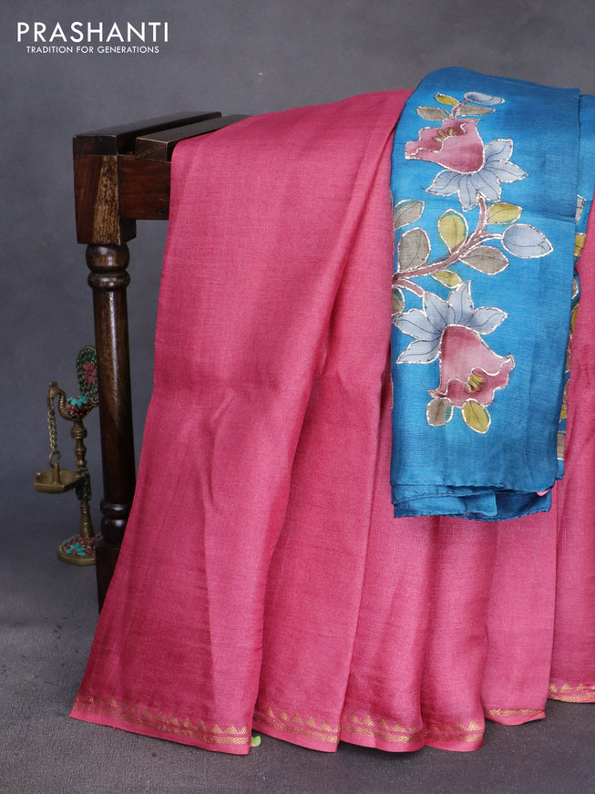 Pure tussar silk saree pink and cs blue with plain body and small zari woven border