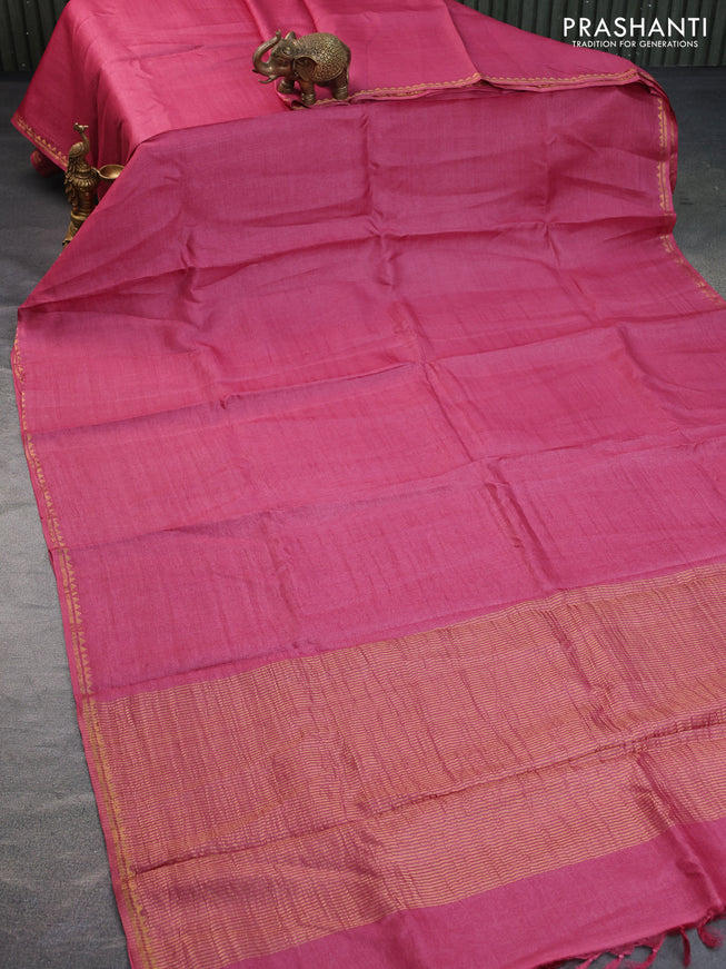 Pure tussar silk saree pink and cs blue with plain body and small zari woven border