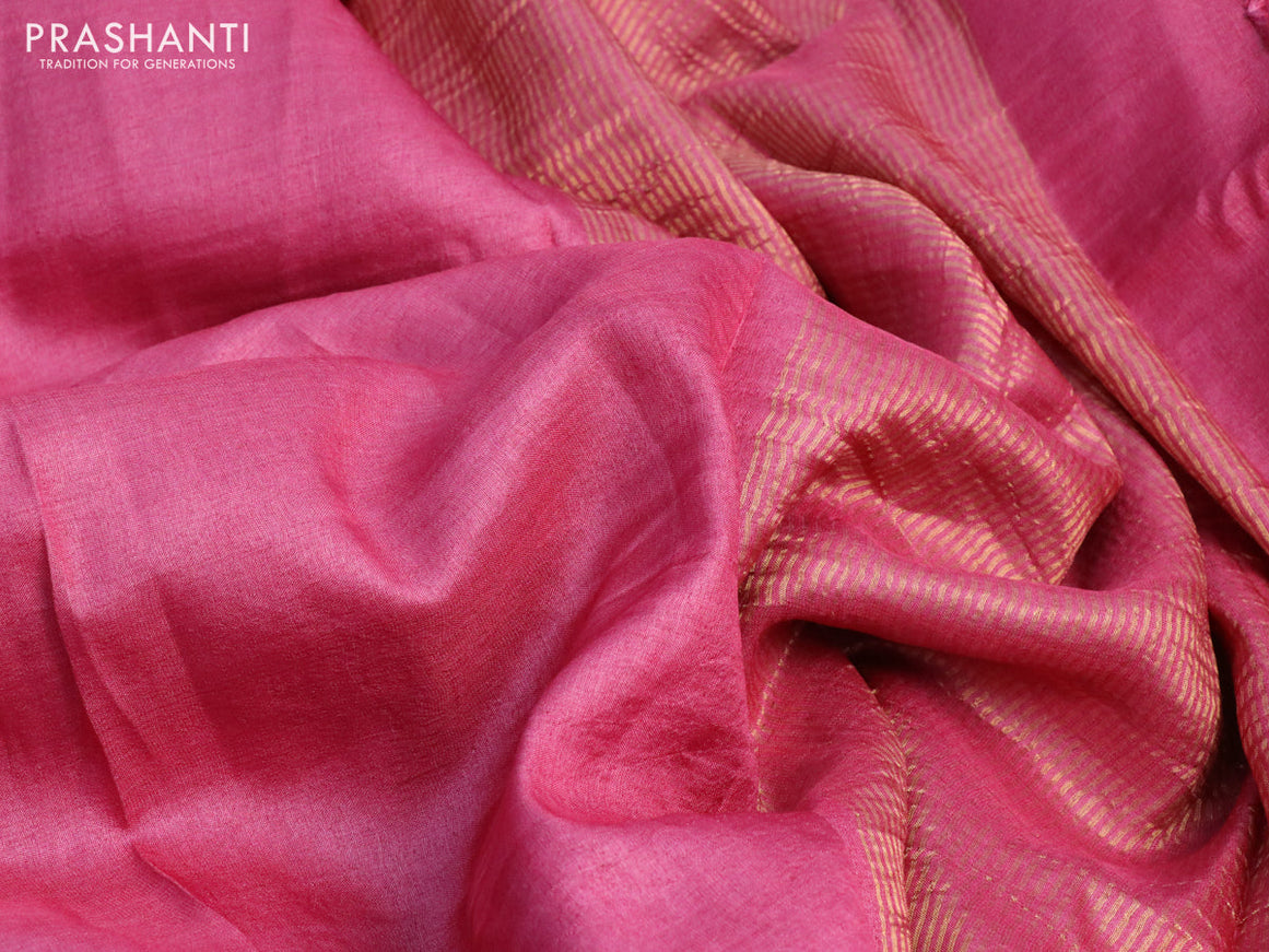 Pure tussar silk saree pink and cs blue with plain body and small zari woven border