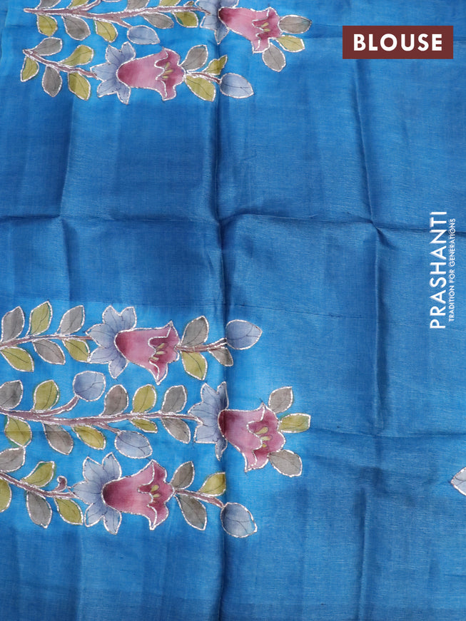 Pure tussar silk saree pink and cs blue with plain body and small zari woven border