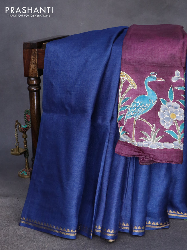 Pure tussar silk saree blue and wine shade with plain body and small zari woven border