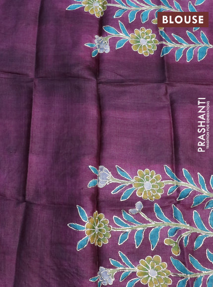 Pure tussar silk saree blue and wine shade with plain body and small zari woven border