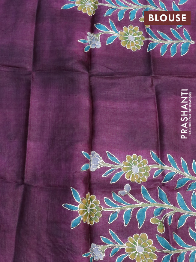 Pure tussar silk saree blue and wine shade with plain body and small zari woven border