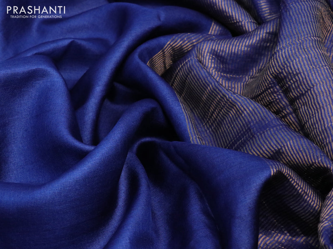 Pure tussar silk saree blue and maroon with plain body and small zari woven border