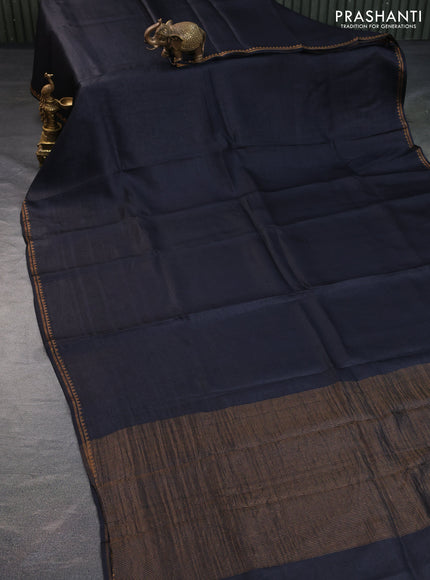 Pure tussar silk saree black and green with plain body and small zari woven border