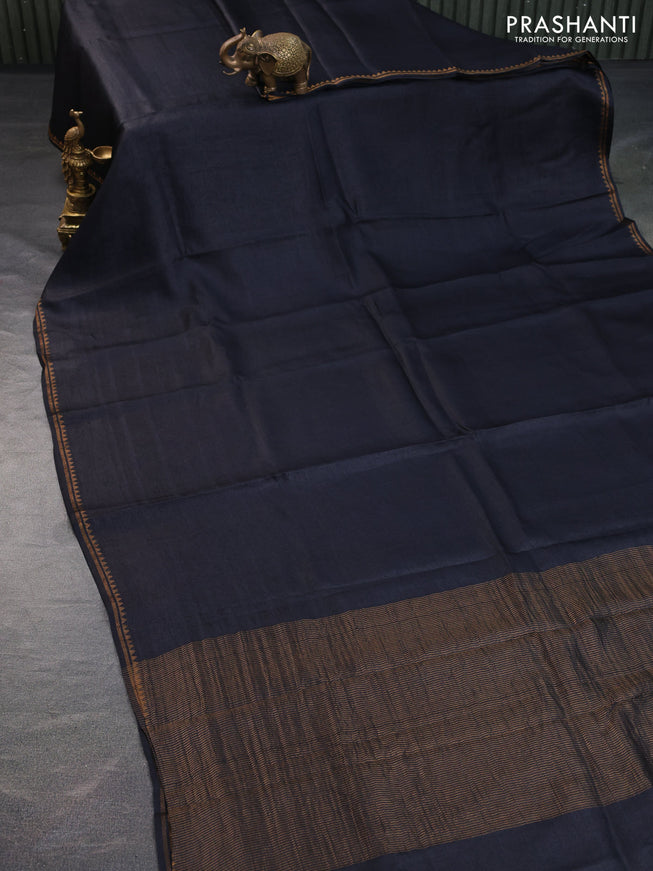 Pure tussar silk saree black and green with plain body and small zari woven border