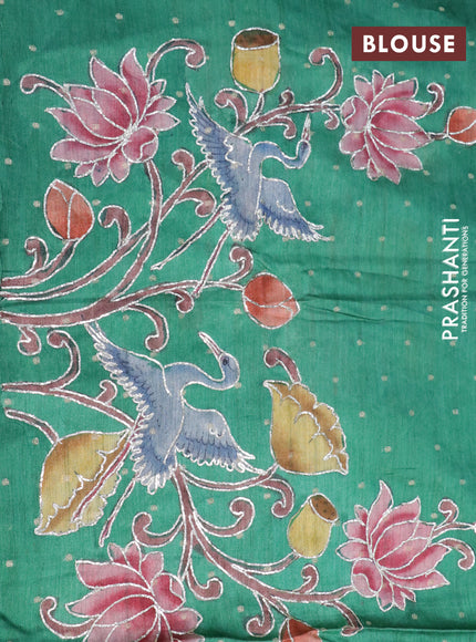 Pure tussar silk saree black and green with plain body and small zari woven border